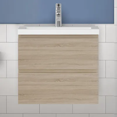 Produktbild von Waschtisch mit Unterschrank 60cm Alast Badmöbel Set Eiche Rechteckiges Waschbecken mit Unterschrank MDF Softclose