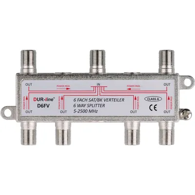 Produktbild von DUR-line D6FV Sat Verteiler 6-fach – SAT/BK-Verteiler 5–2500 MHz, 14 dB, Unicable-tauglich, über 100 dB geschirmt, Power Pass