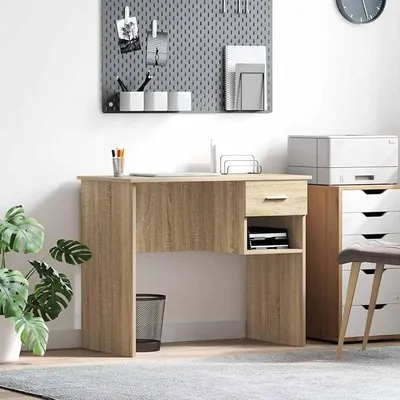 Produktbild von Schreibtisch Sonoma-Eiche, 90 x 49 x 75 cm, Holz, Computer-Schreibtisch für Schlafzimmer, Wohnzimmer, Arbeitsplatz, Arbeitszimmer, Computertische