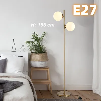 Produktbild von Moderne Kugel Stehleuchte Messing Gold 2-flammig mit Glaskugeln – 165 cm Mid-Century Standleuchte E27 für Wohnzimmer & Schlafzimmer, Goldene Kugelkopf
