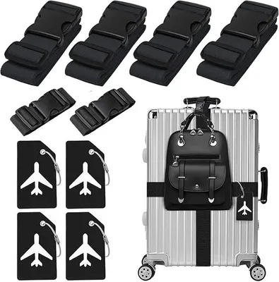 Produktbild von PolkaHome® 10-teiliges Kofferset: 4 Gepäckriemen, 4 Kofferanhänger, 2 Zusatzriemen – verstellbar, schwarz