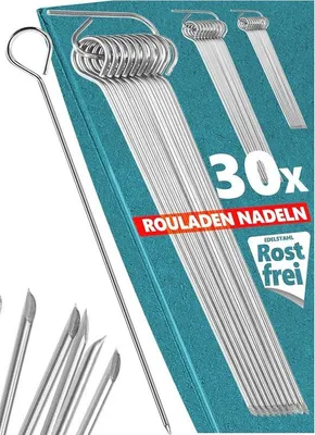 Productafbeelding van Set van 30 Rouladenaalden van Roestvrij Staal - 10 cm Rouladespiesen met praktische opbergclip