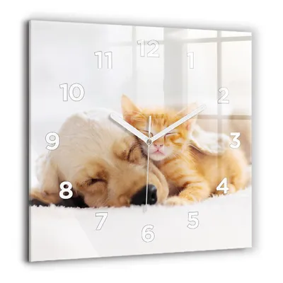 Produktbild von Wallfluent Große Wanduhr – Stilles Quarzuhrwerk - Uhr Dekoration Wohnzimmer Schlafzimmer Küche - Zifferblatt - weiße Zeiger - 60 cm - Schlafende Katze und Hund