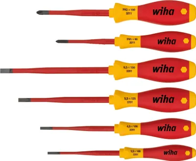 A set of screwdrivers arranged vertically against a white background.