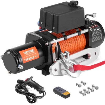 Productafbeelding van VEVOR Elektrische Lier, 10.000 lb, 12V DC lier voor vrachtwagens, met een synthetisch touw van 7/20 inch x 65 voet, aluminium kabelgeleider, draadloze en bedrade afstandsbediening, IP55 waterdicht voor het slepen