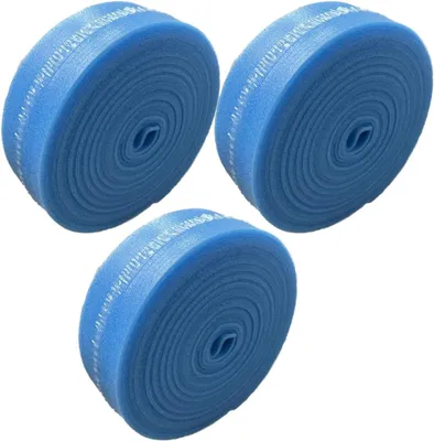 Three rolls of blue insulation material are arranged in a triangular formation against a white background.