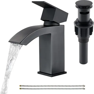 Produktbild von Wasserfall Wasserhahn Bad Schwarz,Wasserfall Waschtischarmatur mit Ablaufgarnitur/Versorgungsschlauch,Einhandmischer Waschbecken Armaturen Badezimmer,Heiß/Kalt Mischbatterie,Edelstahl