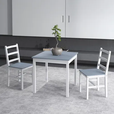 Produktbild von SUGIFT Essgruppe 3-teilig Massivholz Kiefer, Esstisch mit 2 Stühlen, Küchentisch-Set Weiß-Grau, quadratisch | 75x75x75 cm | 9,5 kg | platzsparend