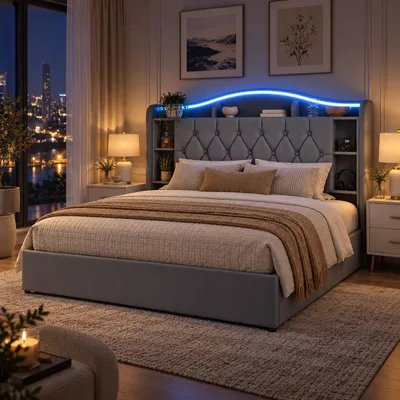 Produktbild von Polsterbett 140x200cm Samt mit RGB-LED, Kopfteil mit Stauraum, Ladefunktion, App- & Fernbedienung