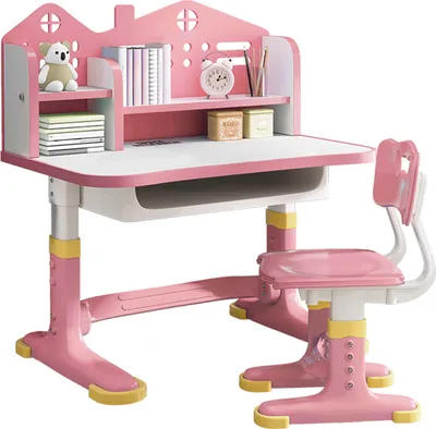 Produktbild von Funktioneller Schreibtischstuhl für Kinder, höhenverstellbarer Schreibtisch mit Schlossrückwand, verbreitertem Schreibtisch, Bücherständer und Aufbewa