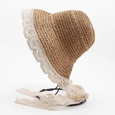 Produktbild von Baby Sonnenhut Stro – Strandhut mit Spitze & Kinnband, UV-Schutz 48-52 cm