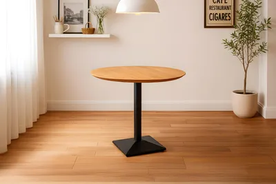 Produktbild von Refurbished Möbelretoure Bistrotisch rund mit Schweizer Kante Akazienholz natur massiv 90 cm Säulengestell schwarz BRASILIA
