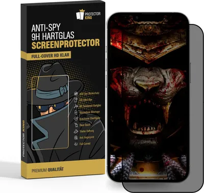 A product box for an anti-spy screen protector is shown next to a smartphone with a dark, graphic screen protector applied.