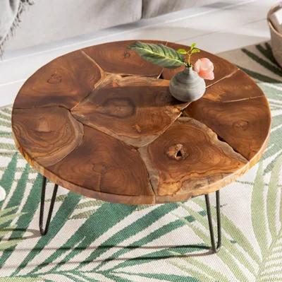 Produktbild von riess-ambiente Runder Massivholz Couchtisch MOSAIK 70cm natur Teak Hairpin Legs schwarz Metall handmade