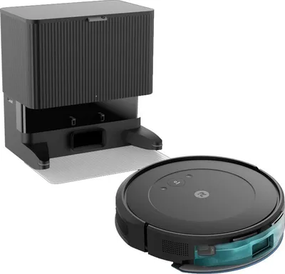 A black robot vacuum cleaner and its charging dock are shown against a white background.