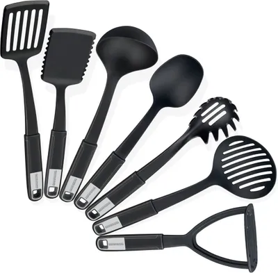 Produktbild von Fackelmann Küchenhelfer-Set SENSE, Kochbesteck aus hochwertigem Kunststoff mit langlebigem und rutschfestem Soft-Touch-Griff, (Farbe: Schwarz/Silber), Menge: 1 x 7er Set