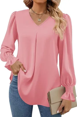 Produktbild von ASKSA Damen Bluse V-Ausschnitt Chiffon Plissee Laternenaermel Langarm Elegant Einfarbig Casual Locker Oberteile (Rosa,XXL)