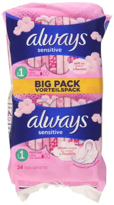 Image de Always Sensitive Normal, Always Ultra, serviettes hygiéniques avec ailettes, 24 pièces