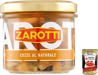 Produktbild von 6x Zarotti Cozze al naturale, Muscheln in Aufguß in glas 140g + Italian Gourmet polpa 400g