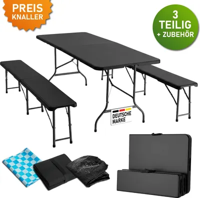 Produktbild von BRAST Bierzeltgarnitur Josef | 3er Set klappbar | 1x Tisch 180x74x74cm & 2X Sitzbank 184x28x42,5cm | für 10 Personen | Schwarz | inkl. Gratis Zubehör | Einrastsystem & Tragegriffe