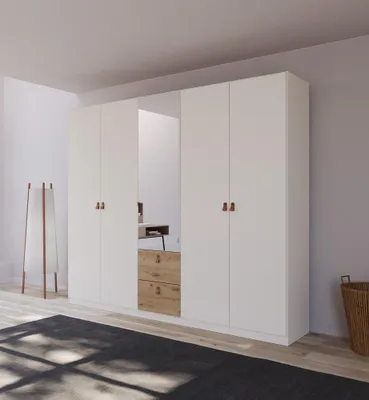 Produktbild von Kleiderschrank Drehtürenschrank Quadra-Spin | 5-türig | mit Spiegeltüren & Schubkästen | alpinweiß / Eiche Artisan | 226x210 | Griff Homey