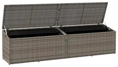 Produktbild von Garten Auflagenbox Grau aus Poly Rattan mit 220 x 50 x 58 cm, wetterfeste Gartentruhe mit Stauraum, Deckel, Rollen und Sitzfunktion für Balkon und Terrasse