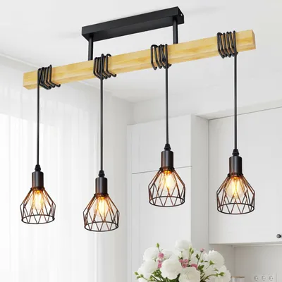 Productafbeelding van LVWIT Hanglamp voor eettafel, E14, hanglamp voor eetkamer, 4 lampen, zwart. Hanglamp voor keuken, hanglamp, balklamp voor eetkamer, keuken, woonkamer, bar (zonder lampen)