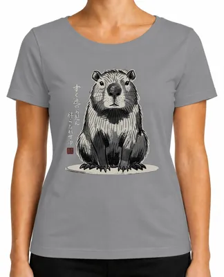 Imagen del producto de Camiseta para mujer con diseño de capibara al estilo japonés sumi-e, con motivos de "cerdo de agua", estilo Y2K, color gris, talla M