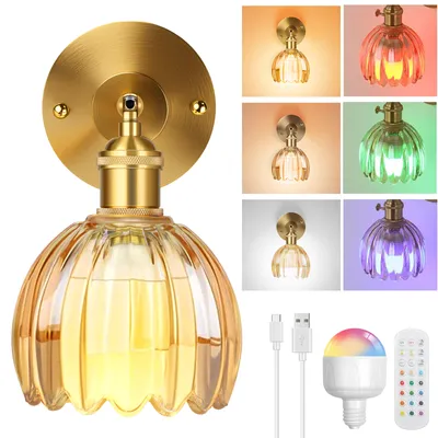 Obrázek produktu pro Nástěnné světlo RGB žárovka baterie E27, nástěnné svítidlo stmívatelné bezdrátové skleněné stínidlo na dálkové ovládání časovač obývací pokoj ložnice