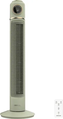 A tall, slim tower fan with a retro design and a remote control.