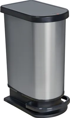 A stainless steel pedal bin with a black lid and base.