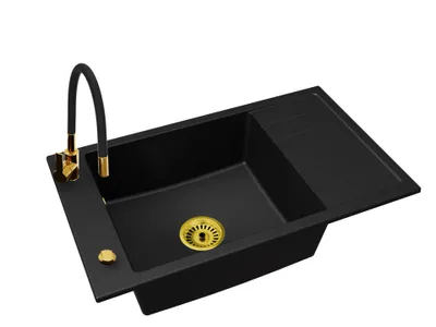 Produktbild von Küchenspüle Einbecken LUIS mit Abtropffläche + Automatik Siphon + Armatur FLEX Gold
