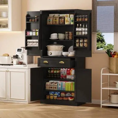 Zdjęcie produktu dla Szafka do przechowywania 182 cm, 4 drzwi i 1 szuflada, 2 drzwi z drewnianymi półkami, 6 przegródek i 4 regulowane drewniane półki, do kuchni, jadalni i salonu, czarna
