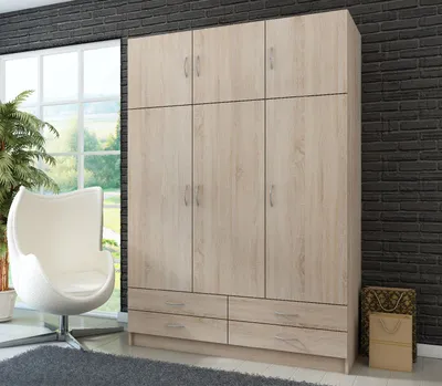 Produktbild von Kleiderschrank mit Schubladen STELLA Drehtürenschrank 135 cm Schlafzimmer mit 2 Türen Garderobe Sonoma