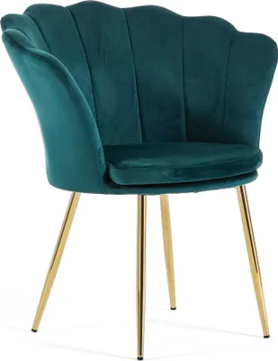 Produktbild von Samtstuhl SHELLY in Muschelform mit gepolsterter Sitzfläche und goldenen Metallbeinen, elegantes und raffiniertes Design –Petrol/Gold