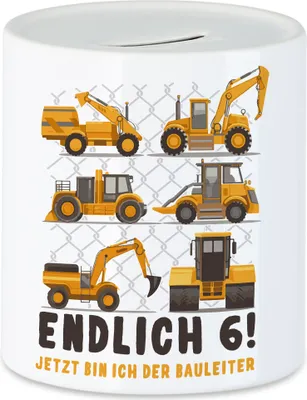 Produktbild von Endlich 6 Spardose 6. Geburtstag Geburtstagskind Kindergeburtstag Bagger Baustelle Baumeister