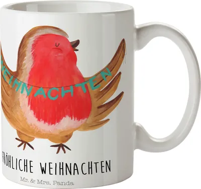 Produktbild von Mr. & Mrs. Panda Pott Rotkehlchen Weihnachten - Weiß - Geschenk, kaffeetasse keramik, Frohe, Tasse, Trinkbecher, Becher, Kaffeebecher, Winter, Vogel, Weihnachtsmotiv