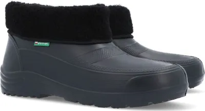 A pair of black waterproof boots with black faux fur trim is shown against a white background.