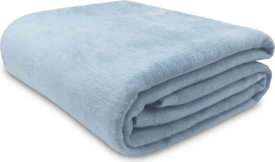 A neatly folded light blue blanket on a white background.