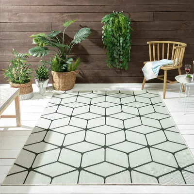 Produktbild von Teppich Rauten Muster In- und Outdoor Tauglich Robuster Flachgewebe 100% Polypropylen Weiß, Maße:60x100 cm