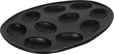 A black oval-shaped egg plate with 10 indentations for holding half-boiled eggs.