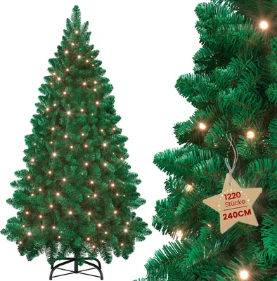 Zdjęcie produktu dla Sztuczne drzewko bożonarodzeniowe LILIIN, 240 cm, z oświetleniem LED, kolor zielony, wykonane z PVC, łatwy montaż, trudnopalne, w zestawie metalowa podstawa (2,4 m, kolor zielony)