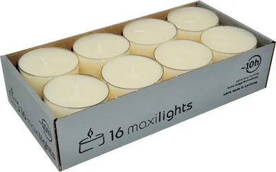 Produktbild von Maxi Teelichter in transparenter Hülle Creme 16er Box Wenzel Kerzen 10 Stunden Brenndauer