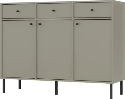 A light green sideboard with three drawers and three doors, standing on black legs, against a white background.