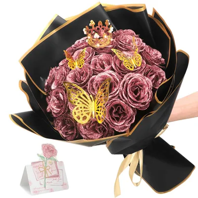 Image de Bouquet de 24 roses pailletées, bouquets de roses artificielles, bouquets de fleurs artificielles à réaliser soi-même avec des paillettes et une couronne, parfaits comme cadeau pour un anniversaire de mariage, des fiançailles, un anniversaire ou la fête des Mères.