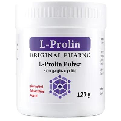 Produktbild von L-Prolin Pulver 125 g – Pures L-Prolin, nicht-essentielle Aminosäure, hoch dosiert, vegan, geschmacksneutral – Original Pharno