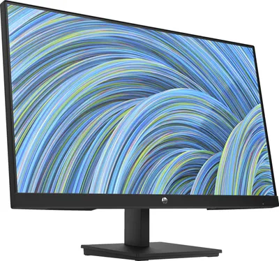 A black computer monitor with a colorful abstract wallpaper displayed on its screen, shown from a side angle on a white background.