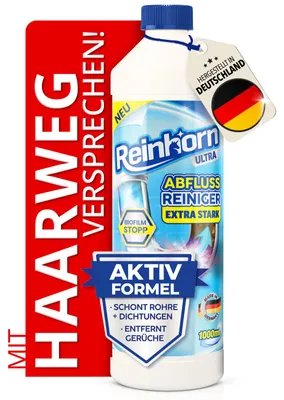 Produktbild von REINHORN Abflussreiniger Extra Stark - löst Haare 100% auf - Sofort Frei Aktivformel - Premium Spezial Rohrreiniger 1000ml Vorteilspack schont das Abfluss Rohr und pflegt Dichtungen, KI-generiertes Bild