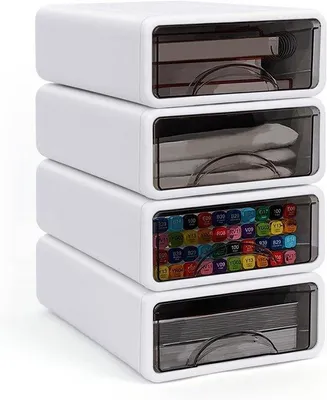 Obrázek produktu pro 4 kusy stohovatelných plastových úložných boxů do kanceláře, školy, domácnosti, na toaletní stolek nebo jako organizér na stůl