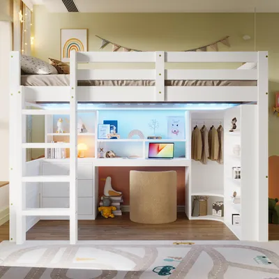 Immagine prodotto di letto a soppalco okwish 140x200 con striscia luminosa a LED, struttura letto per bambini con cassetti e armadio, letto in legno con scrivania, bianco (senza materasso)